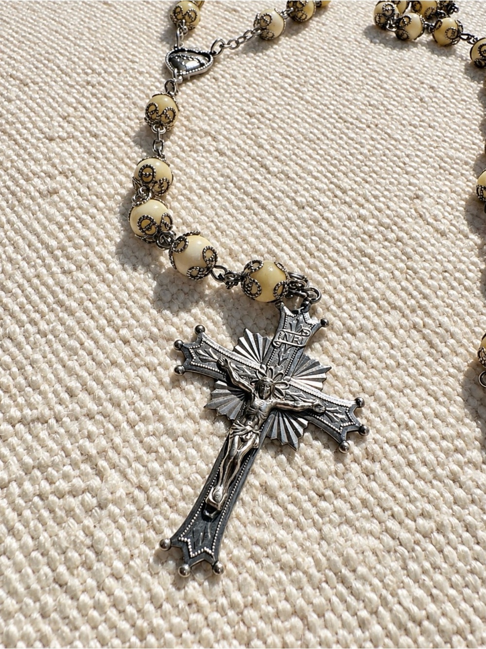 Vintage Sterling Silver & Genuine Mother of Pearl Rosary - Mid-Century